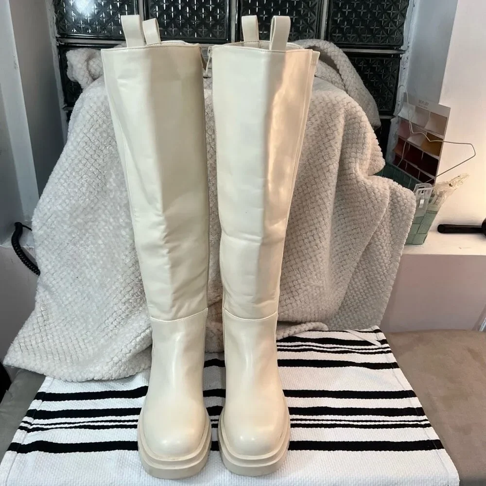 Fashion Nova Nude Big Moves Chelsea Lug Sole Knee High Boots Size 11 - Picture 4 of 11